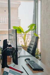 gallery-04 Bright office space with desk, computer, and plant by a large window. Perfect blend of work and nature.